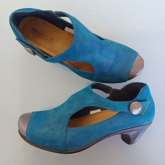Naot Shoes - Naot Teal Blue Leather ⁰Pumps Metallic Bronze Cap Toe Size 39 L8 299406